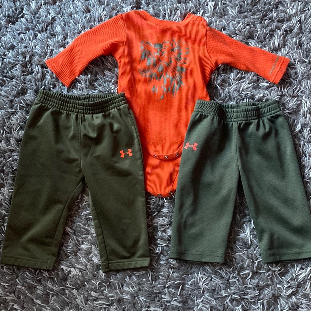 Under Armour baby 6-9 month onesie and two 6-9 month pants